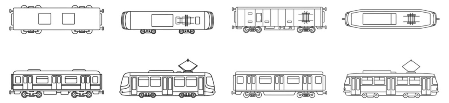 A collection of technical line drawings showcasing various railway vehicles including passenger train carriages modern trams and city streetcars viewed from both side and top perspectives