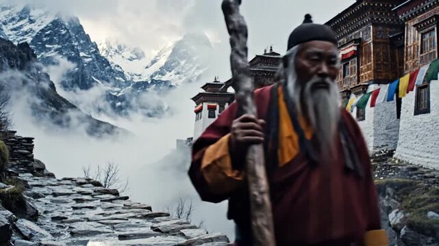 Elderly pilgrim walking stone path near monastery in misty mountains