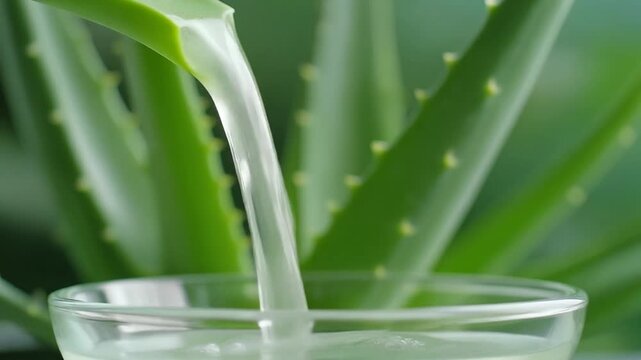Side angle macro of thick aloe gel stretching downward from a simple clear glass bowl, natural leafy green background softly defocused, 240fps slow motion, ASMR texture detail