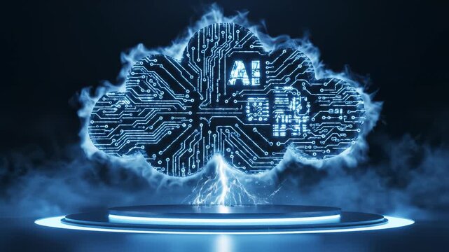 Circuit board cube with lightning showcasing advanced technology and artificial intelligence