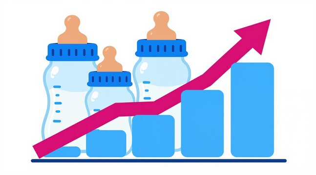 Baby bottles sit near blue bars on graph with pink arrow showing upward trend. Illustration signifies increase in birth rate baby product sales. Concepts include family planning, growth, market