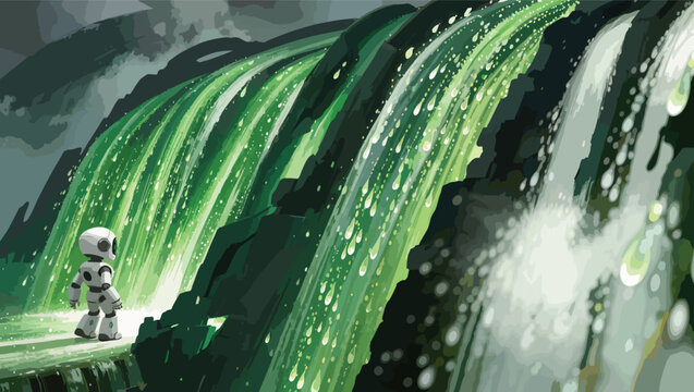 Small robot observing a vibrant green waterfall in a lush forest landscape.