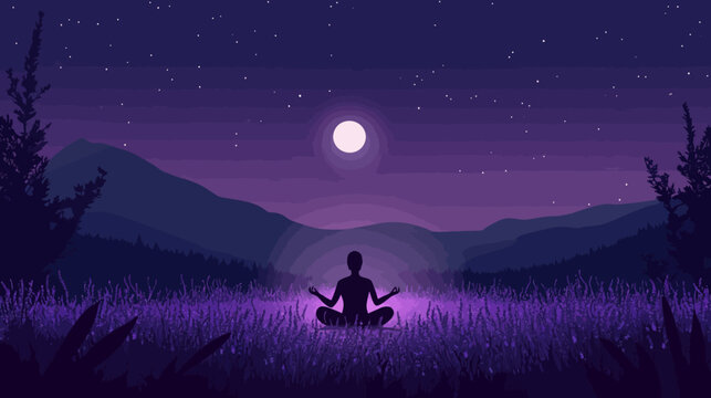 Person meditating on a purple field under moonlit starry sky with mountains