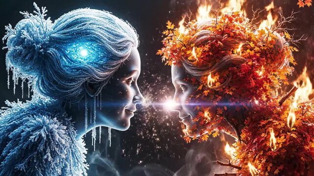 Elemental spirits of ice and fire facing each other
