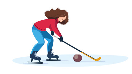 Obraz premium Woman in red jacket and blue jeans playing ice hockey outdoors