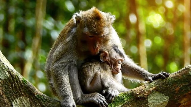 A mother macaque monkey holds her small infant close while resting together on a tree branch within the lush greenery of a tropical rainforest