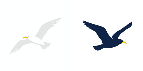Obraz premium A stylized flat design of a white seagull with yellow beak in mid-flight, simple bird silhouette, no outline, plain white background