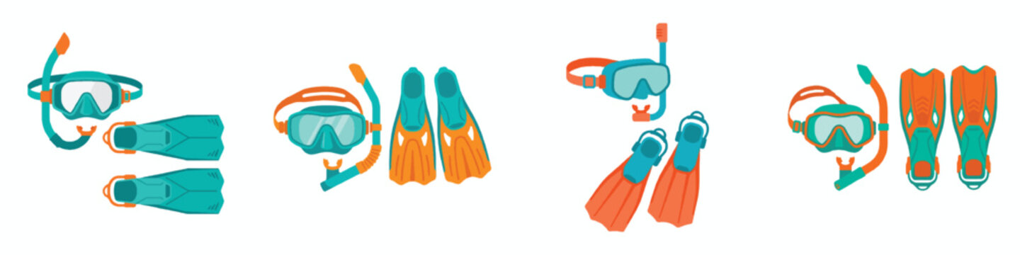  simple flat design of a snorkel mask and flippers, vibrant teal and orange, no outline, modern aesthetic, plain white background.