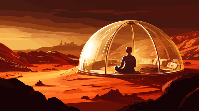 Person meditating inside transparent dome on mars at sunset