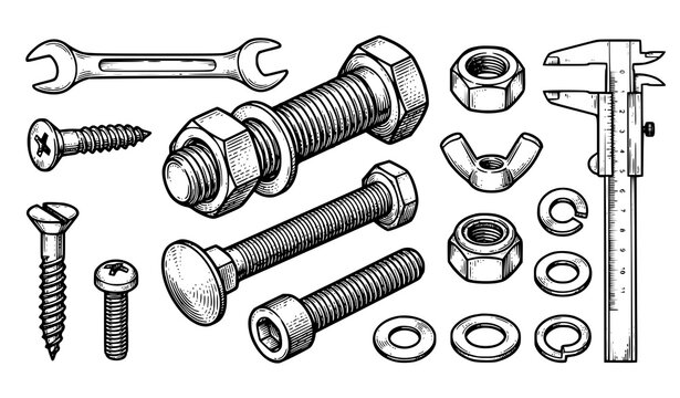 Vintage Screw Bolt and Nut Engraving Vector Illustration for Industrial Hardware Design