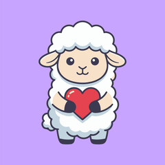 Fototapeta premium Cute Sheep Holding Heart Illustration, Cartoon Character, Graphic Design, Pastel Background, Front View, Love Concept