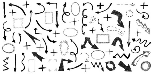 Fototapeta premium Set of black grunge doodle hand drawn arrows, plus signs and border frames isolated on white background. Sketch style ink symbols collection. Vector illustration