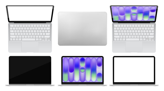 Photorealistic detailed silver notebook mockup. Front, rear and opened view of notebook with keyboard isolated on transparent background. Vector PNG