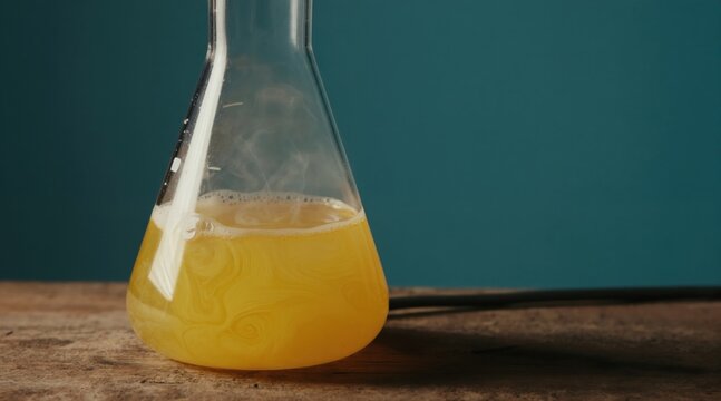 Erlenmeyer flask contains yellow liquid with visible swirling patterns. Steam or vapor rises gently from the surface. The glass beaker sits on a rustic wooden surface against a teal backdrop.
