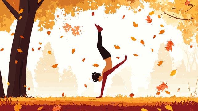 Person performing handstand under autumn tree with falling leaves