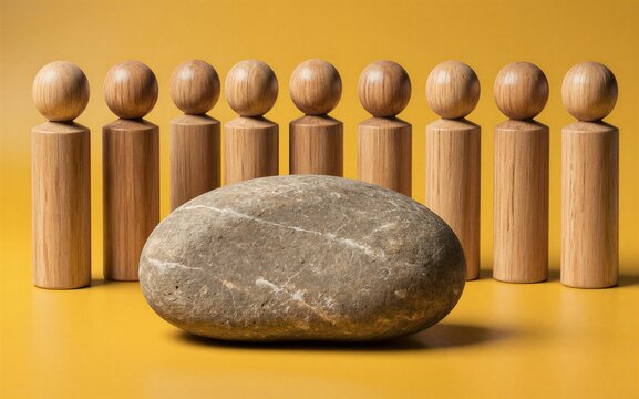 Wooden figures stand behind a large stone symbolizing obstacles or