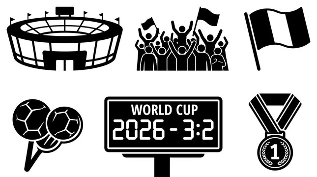 Collection of World Cup icons including stadium fans flag soccer balls scoreboard and medal symbolizing sports event celebration and victory