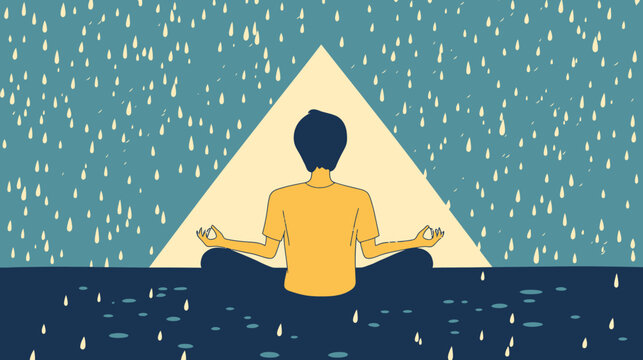 Person in seated meditation pose amidst rain with contrasting background