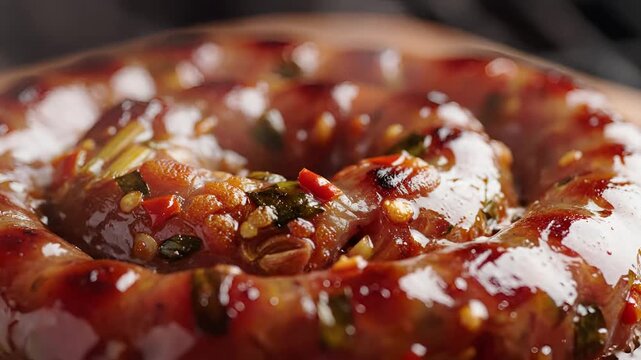 Closeup of a delicious spiralcut sausage with a rich glaze and herbs.