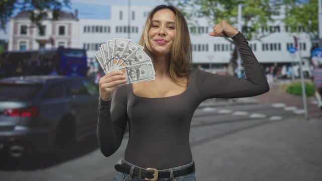Woman holding a fanned stack of cash and flexing her bicep on a city street, smiling directly at camera with casual jeans and belt; confidence success.