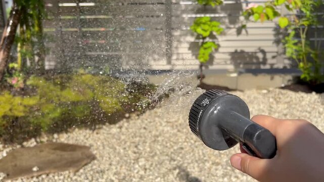 ホースで水やりをする手
