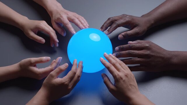Diverse hands reaching toward a glowing blue orb on a dark surface