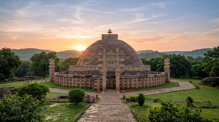 Obraz premium Ancient Buddhist Stupa at Sanchi India at Sunrise.
