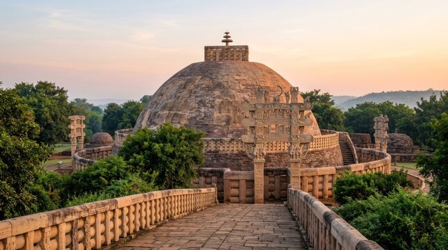 Ancient Buddhist Stupa Architecture at Sanchi Madhya Pradesh India at Sunrise.