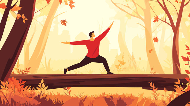 Person performing yoga pose on fallen log in autumn forest