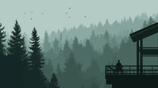 Silhouette of person meditating on balcony overlooking dense forest with birds in sky