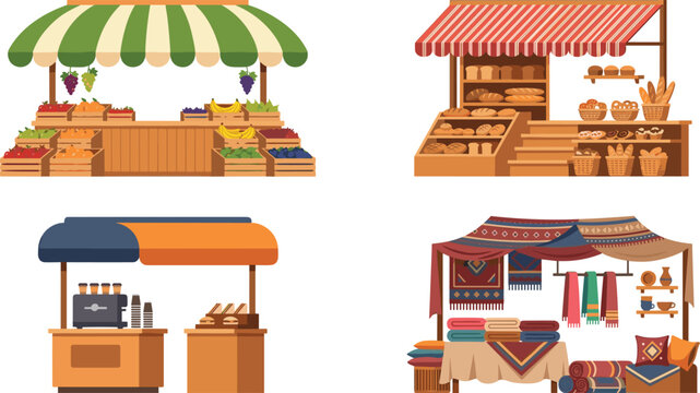 Set of four flat vector illustrations featuring a fruit market stall bakery shop coffee stand and traditional textile bazaar isolated on white background