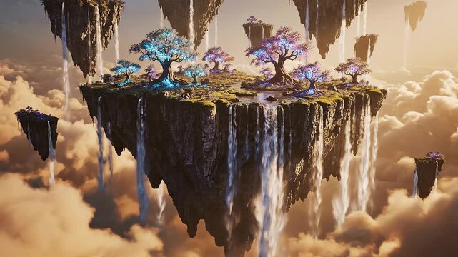 floating island with glowing blue and purple trees and cascading waterfalls
