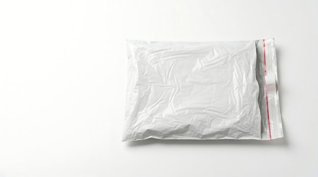 White plastic poly mailer shipping bag with adhesive strip isolated on a bright white background