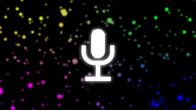 White microphone icon with circular audio visualizer on dark background sound waveform.wave and voice recording podcast mic microphone button icon animation. Audio microphone icon.