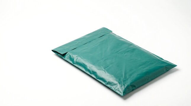 Sealed teal green plastic mailing envelope lying on a white background, studio shot of a poly mailer for shipping and courier services.