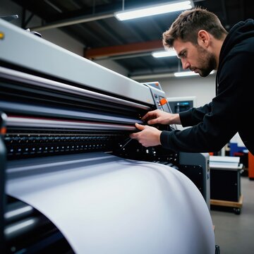 Man works with large format printer. Technician adjusts industrial machine for digital print production. Skilled operator ensures high quality output in print shop.