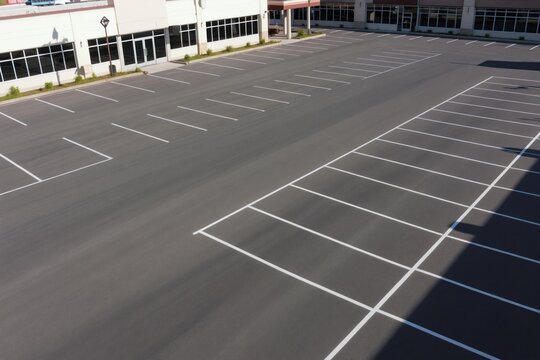Aerial view of an empty asphalt parking lot with white lines. Office buildings and shopping center are in background. This scene shows vacant parking spaces.