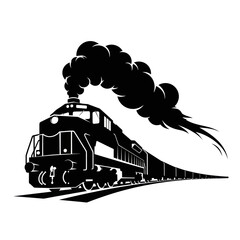 Silhouette of a powerful diesel locomotive pulling a long freight train, emitting black smoke. © emal
