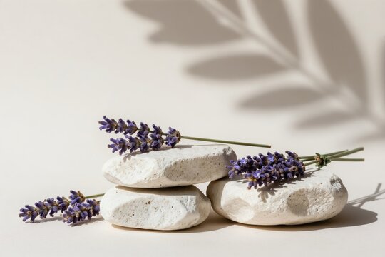 Natural cosmetic product display with smooth white stones and purple lavender flowers. Clean composition, soft light and shadow play creates serene and pure aesthetic for beauty branding.
