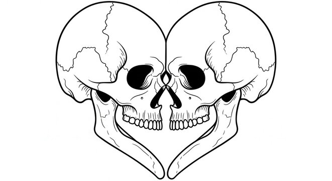 Two Skulls Forming a Heart Shape, Black and White Line Art Illustration.
