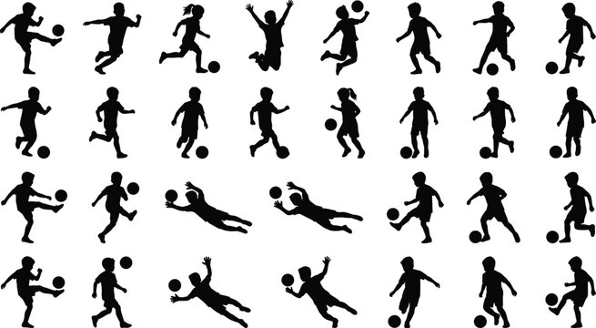 Large collection of children soccer player silhouettes featuring kids kicking dribbling jumping goalkeeping and celebrating for youth sports design