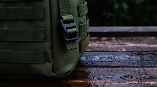 Green tactical bag with buckles and straps rests on wet wooden boards outdoors. Its durable material suggests readiness for rugged adventures and travel. This gear is built for challenges.