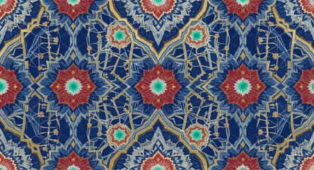 Intricate Middle Eastern inspired pattern with blue, red, and gold floral and geometric motifs, creating a rich decorative textile design. © Ufairah