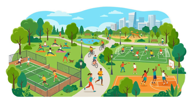 Urban park with people engaging in sports and leisure activities under sunny sky