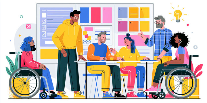 Inclusive Design Brainstorming: Diverse Group Collaboration in a Modern and Accessible Office Environment