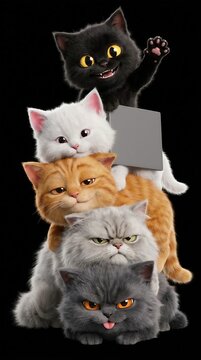 Cute funny cats stacked pyramid with black cat waving tablet on black background