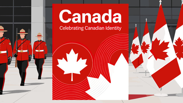 Canadian Mounties and Maple Leaf Flag Celebrate Canadian Identity.