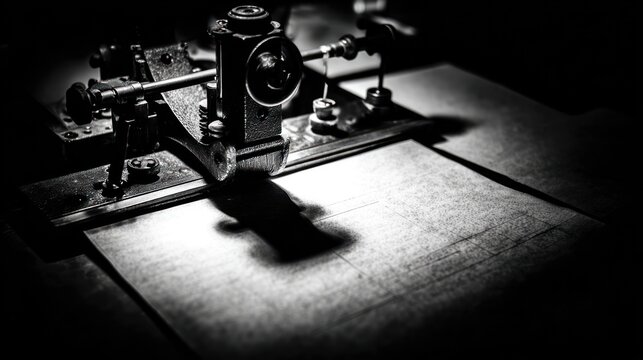 Vintage telegraph machine on paper shadow and light communication concept