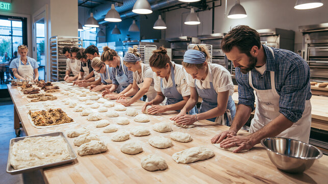 Bread Making Workshop with Baking Enthusiasts: Hands-On Kneading and Dough Management in Modern Culinary School Kitchen