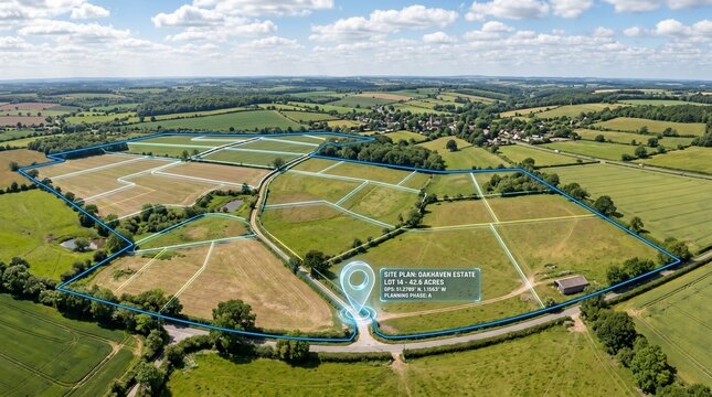 Aerial Land Development Master Plan with Digital Property Mapping and Rural Real Estate Investment Concept